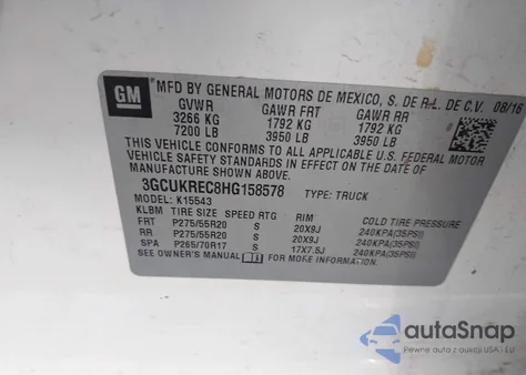 2017 Chevrolet Silverado 1500 2Lt from USA, damaged, VIN 3GCUKREC8HG158578